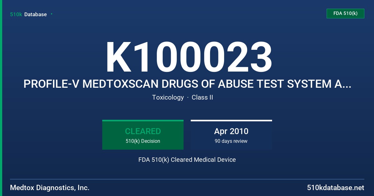 K100023 PROFILE-V MEDTOXSCAN DRUGS OF ABUSE TEST SYSTEM AND 12 DRUGS TEST SYSTEM FDA 510(k) Cleared Medical Device