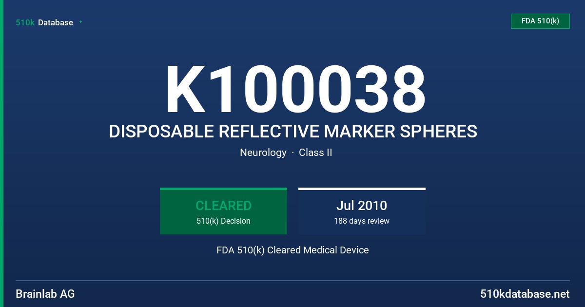 K100038 DISPOSABLE REFLECTIVE MARKER SPHERES FDA 510(k) Cleared Medical Device