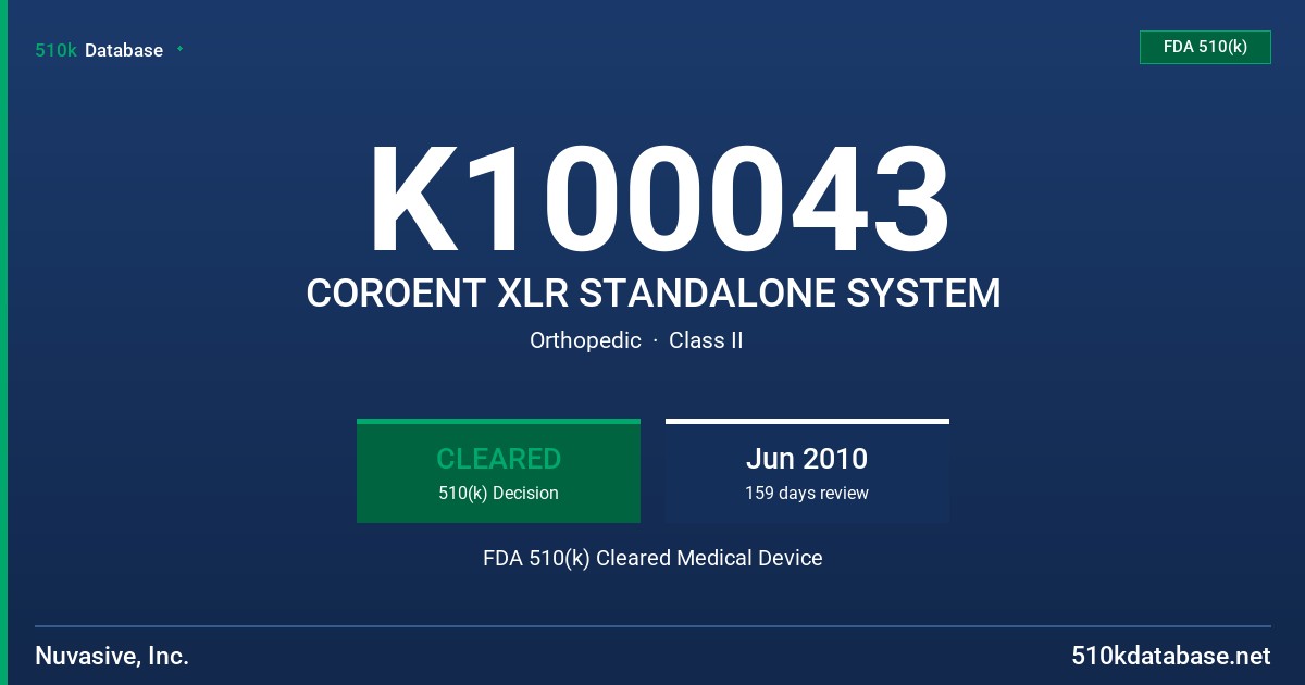 K100043 COROENT XLR STANDALONE SYSTEM FDA 510(k) Cleared Medical Device