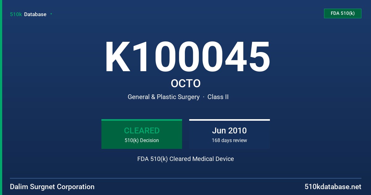 K100045 OCTO FDA 510(k) Cleared Medical Device