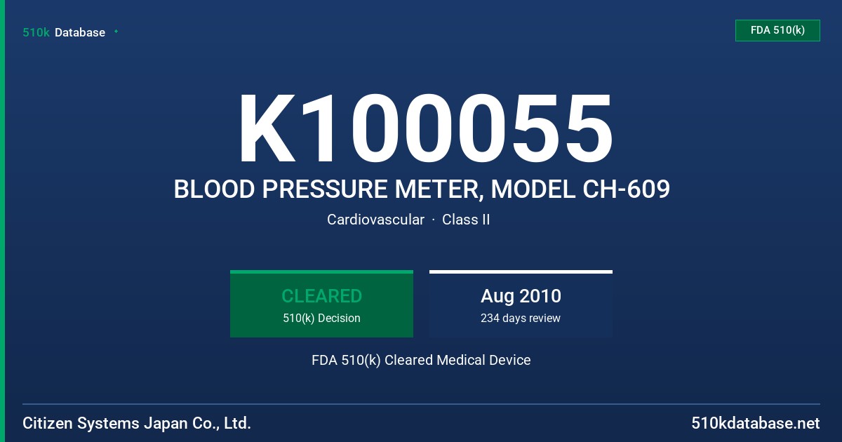 K100055 BLOOD PRESSURE METER, MODEL CH-609 FDA 510(k) Cleared Medical Device
