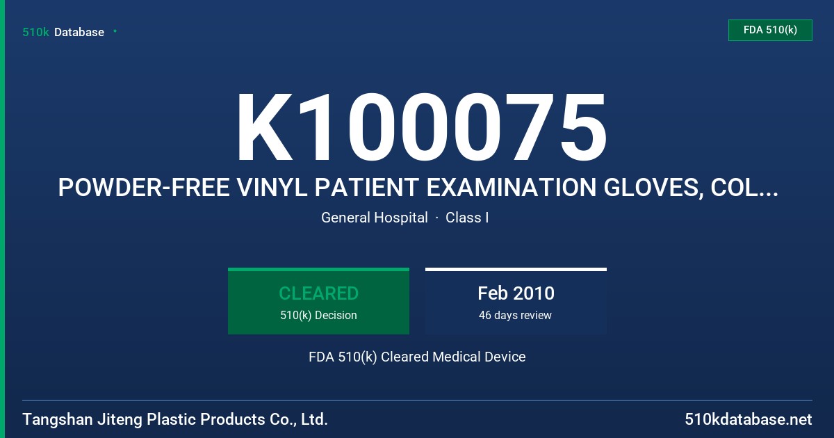 K100075 POWDER-FREE VINYL PATIENT EXAMINATION GLOVES, COLORED (WHITE) FDA 510(k) Cleared Medical Device