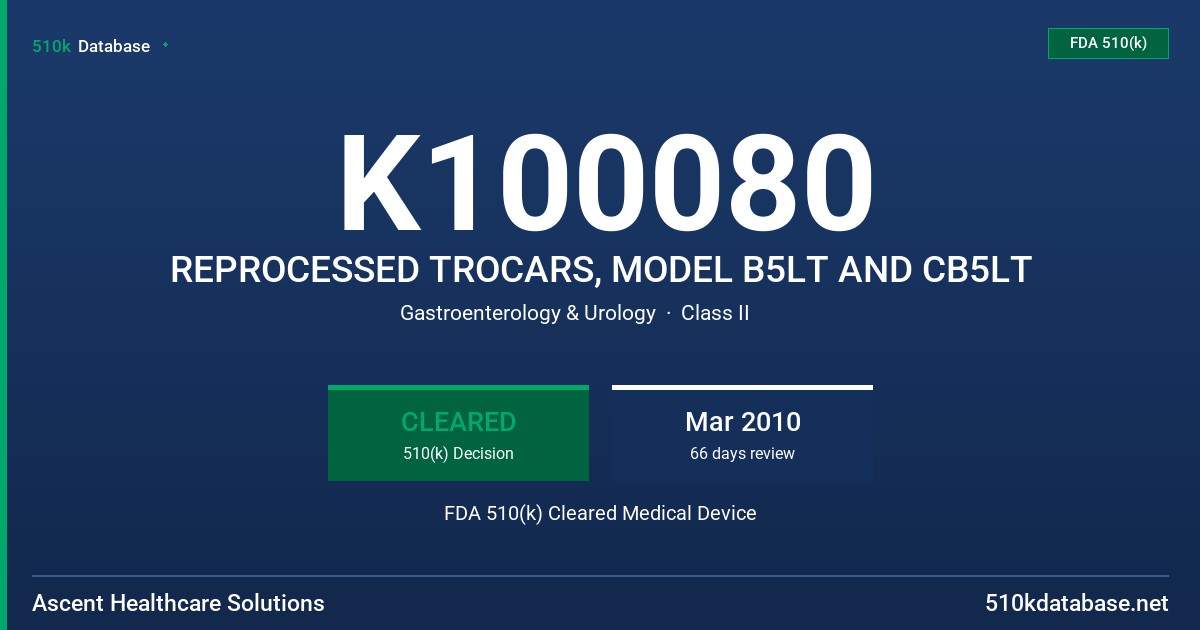 K100080 REPROCESSED TROCARS, MODEL B5LT AND CB5LT FDA 510(k) Cleared Medical Device