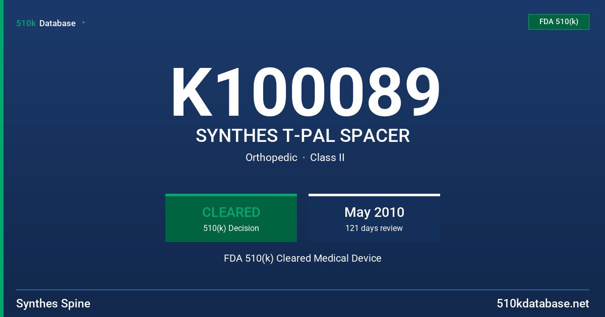K100089 SYNTHES T-PAL SPACER FDA 510(k) Cleared Medical Device