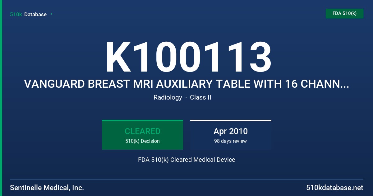K100113 VANGUARD BREAST MRI AUXILIARY TABLE WITH 16 CHANNEL COIL ARRAY FOR GE 3T MRI SYSTEM, MODEL 4000451-51 FDA 510(k) Cleared Medical Device