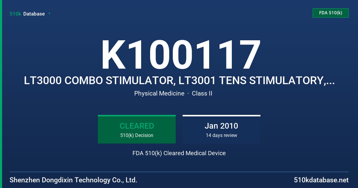 K100117 LT3000 COMBO STIMULATOR, LT3001 TENS STIMULATORY, LT3002 EMS STIMULATOR FDA 510(k) Cleared Medical Device