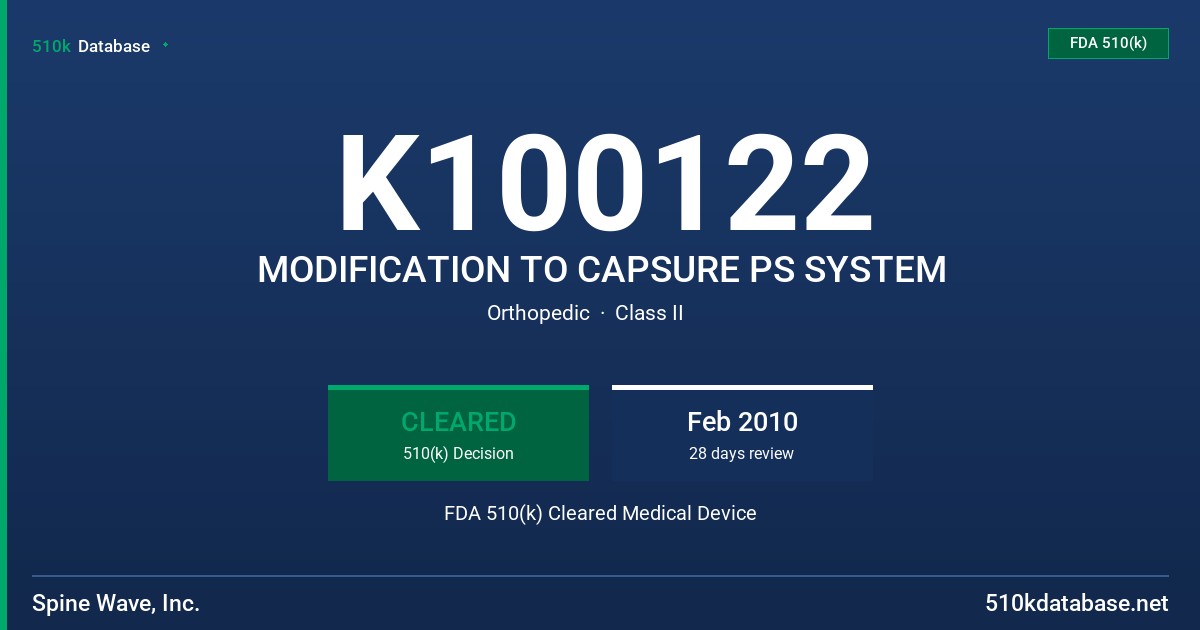 K100122 MODIFICATION TO CAPSURE PS SYSTEM FDA 510(k) Cleared Medical Device