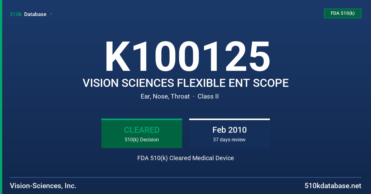 K100125 VISION SCIENCES FLEXIBLE ENT SCOPE FDA 510(k) Cleared Medical Device