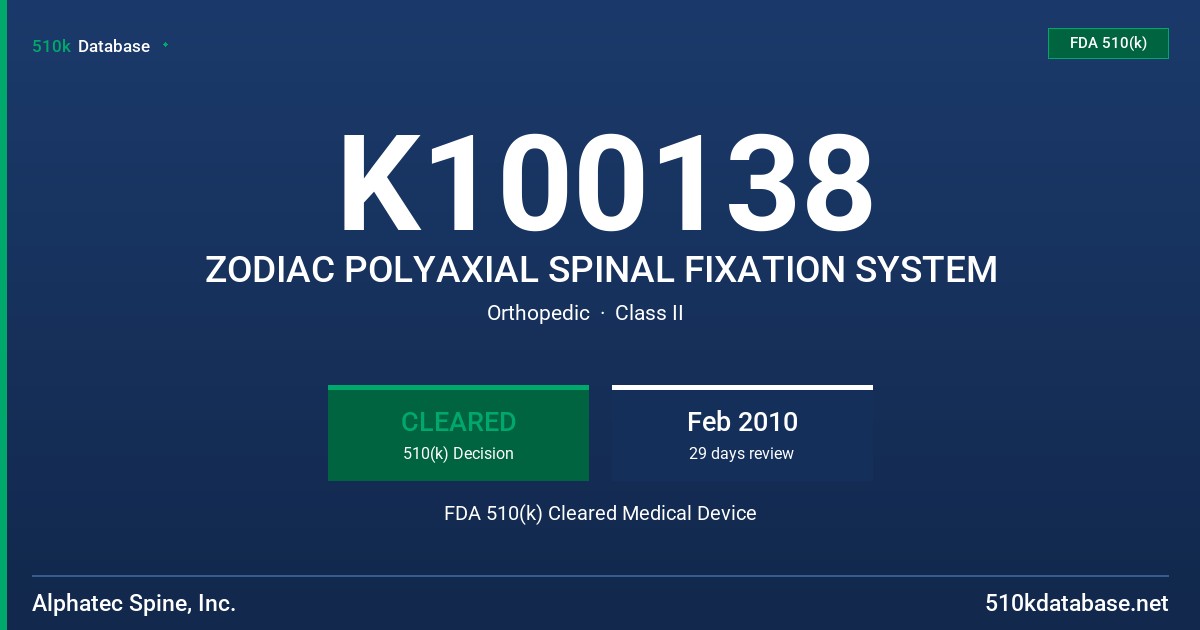 K100138 ZODIAC POLYAXIAL SPINAL FIXATION SYSTEM FDA 510(k) Cleared Medical Device