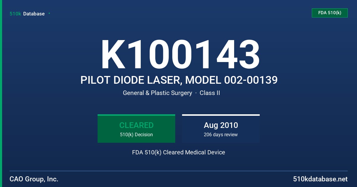 K100143 PILOT DIODE LASER, MODEL 002-00139 FDA 510(k) Cleared Medical Device