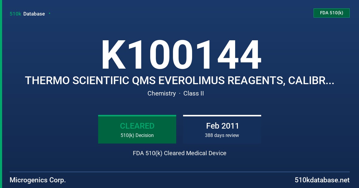 K100144 THERMO SCIENTIFIC QMS EVEROLIMUS REAGENTS, CALIBRATORS AND CONTROLS FDA 510(k) Cleared Medical Device