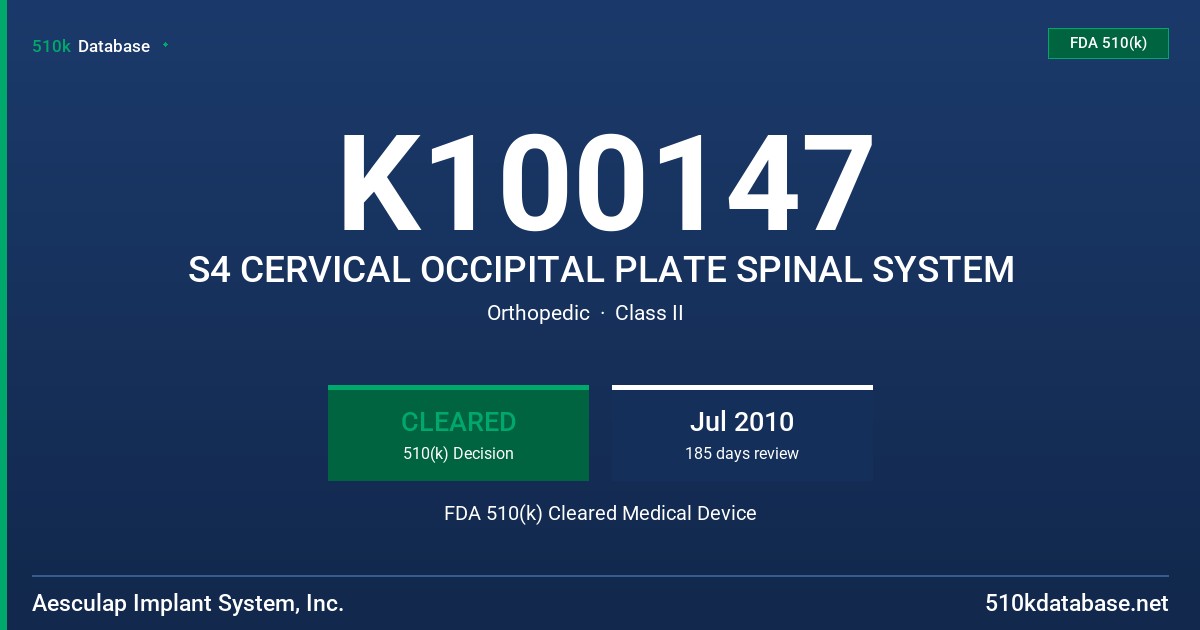 K100147 S4 CERVICAL OCCIPITAL PLATE SPINAL SYSTEM FDA 510(k) Cleared Medical Device