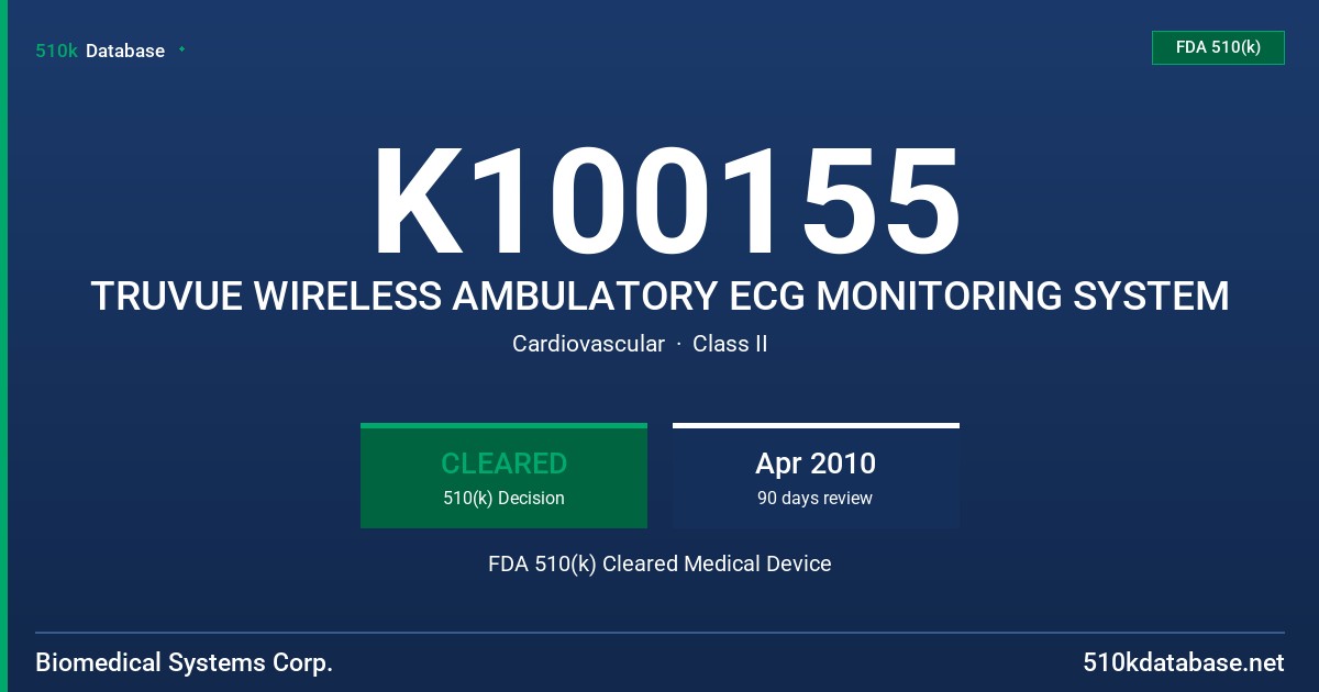 K100155 TRUVUE WIRELESS AMBULATORY ECG MONITORING SYSTEM FDA 510(k) Cleared Medical Device