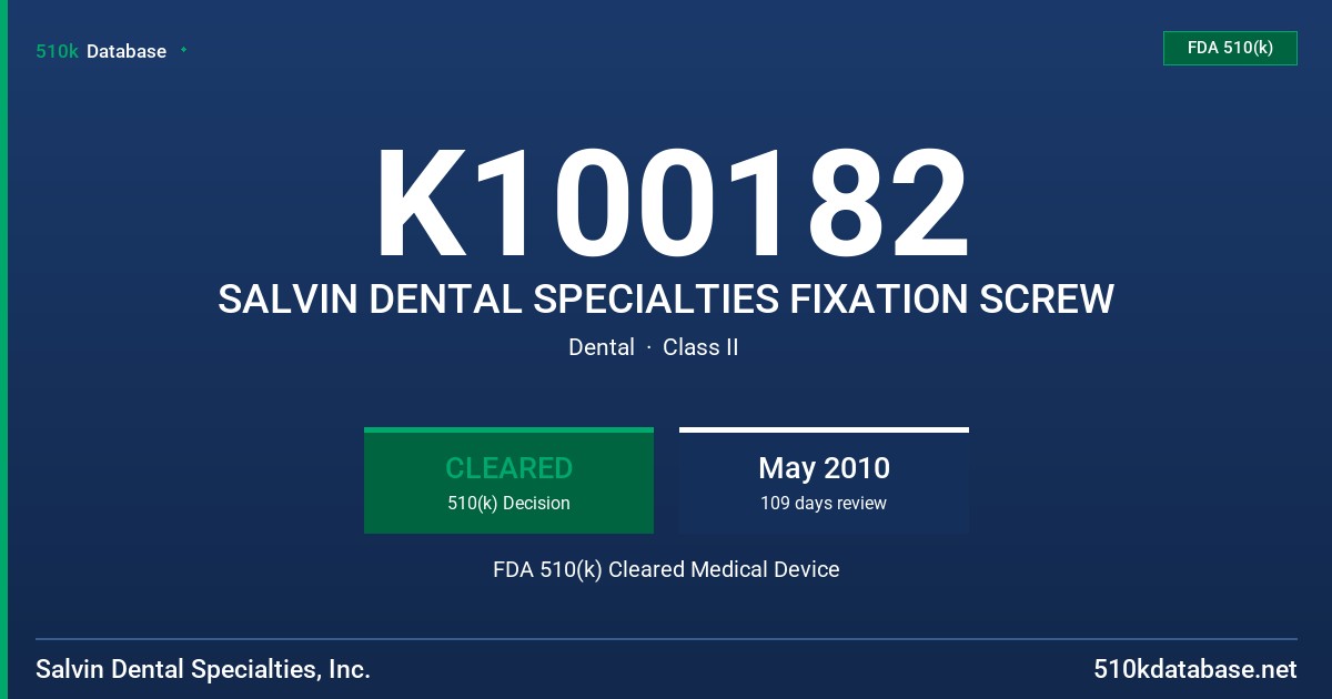 K100182 SALVIN DENTAL SPECIALTIES FIXATION SCREW FDA 510(k) Cleared Medical Device