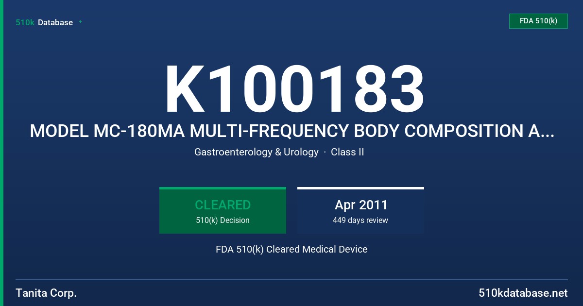 K100183 MODEL MC-180MA MULTI-FREQUENCY BODY COMPOSITION ANALYZER FDA 510(k) Cleared Medical Device