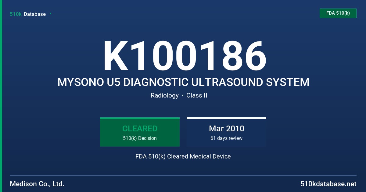 K100186 MYSONO U5 DIAGNOSTIC ULTRASOUND SYSTEM FDA 510(k) Cleared Medical Device