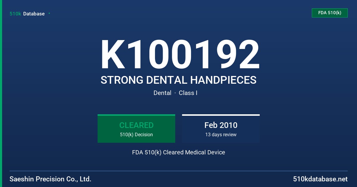 K100192 STRONG DENTAL HANDPIECES FDA 510(k) Cleared Medical Device