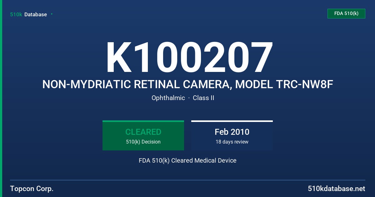 K100207 NON-MYDRIATIC RETINAL CAMERA, MODEL TRC-NW8F FDA 510(k) Cleared Medical Device
