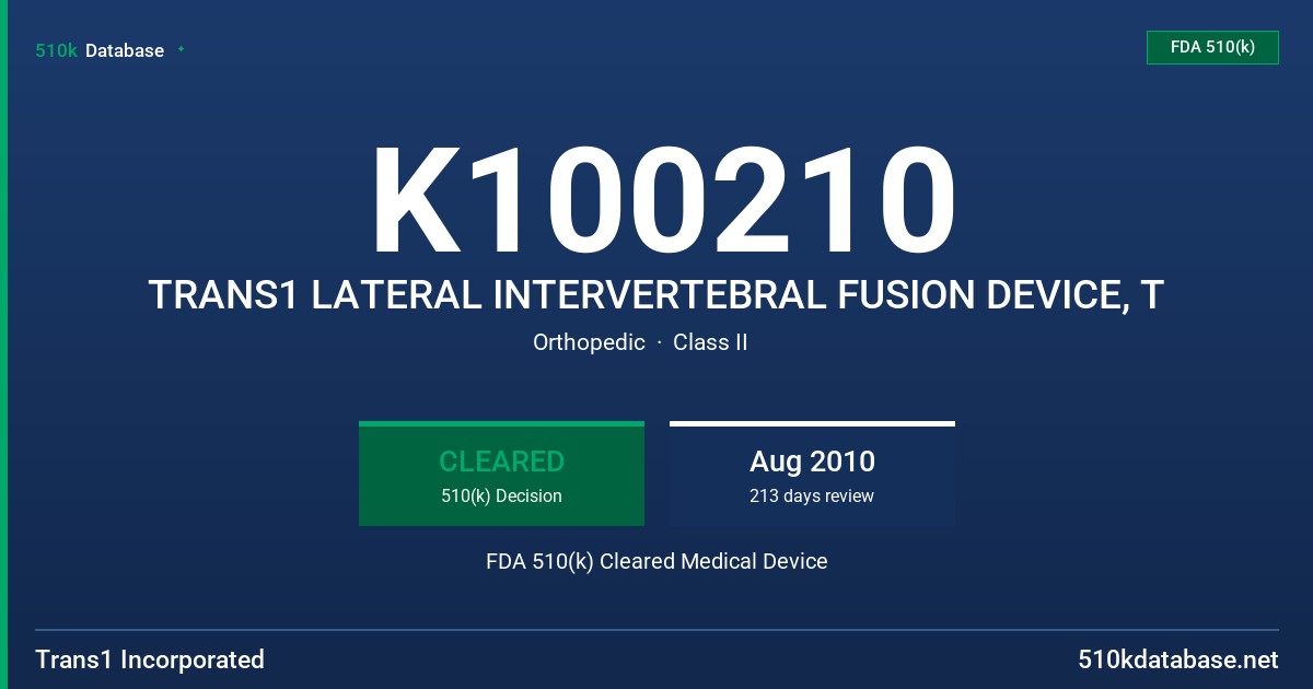 K100210 TRANS1 LATERAL INTERVERTEBRAL FUSION DEVICE, T FDA 510(k) Cleared Medical Device