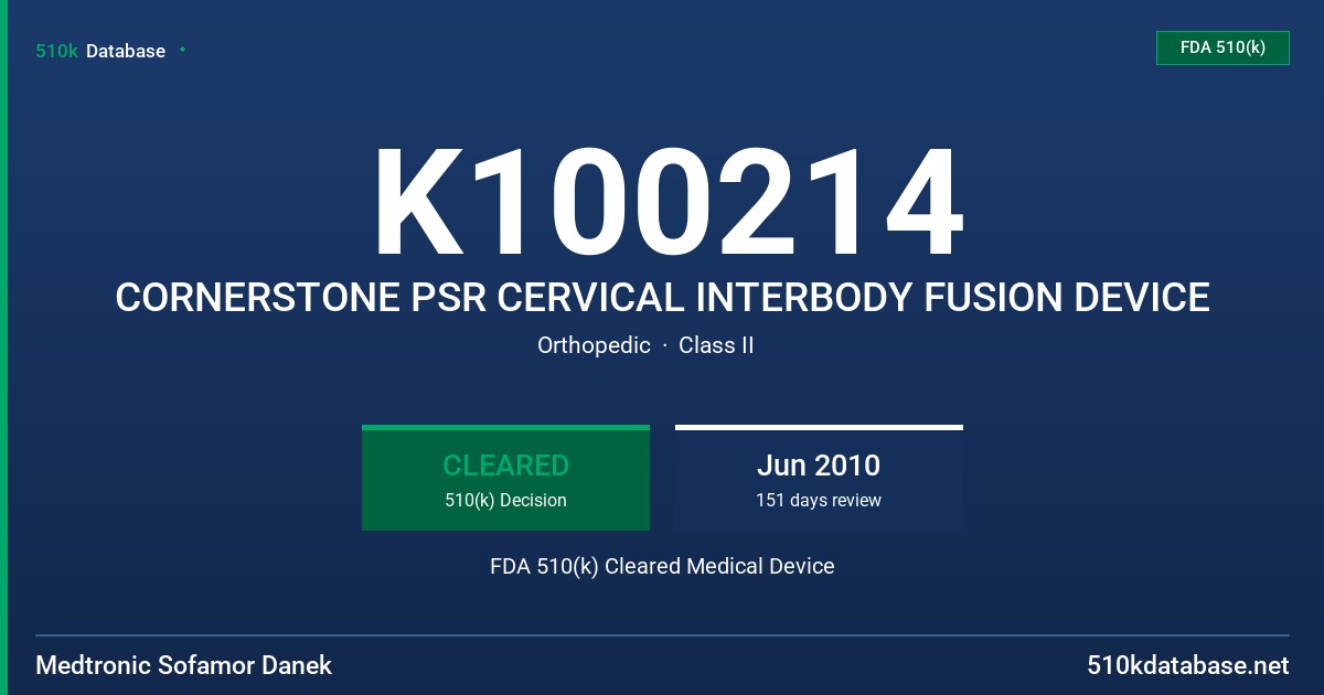 K100214 CORNERSTONE PSR CERVICAL INTERBODY FUSION DEVICE FDA 510(k) Cleared Medical Device
