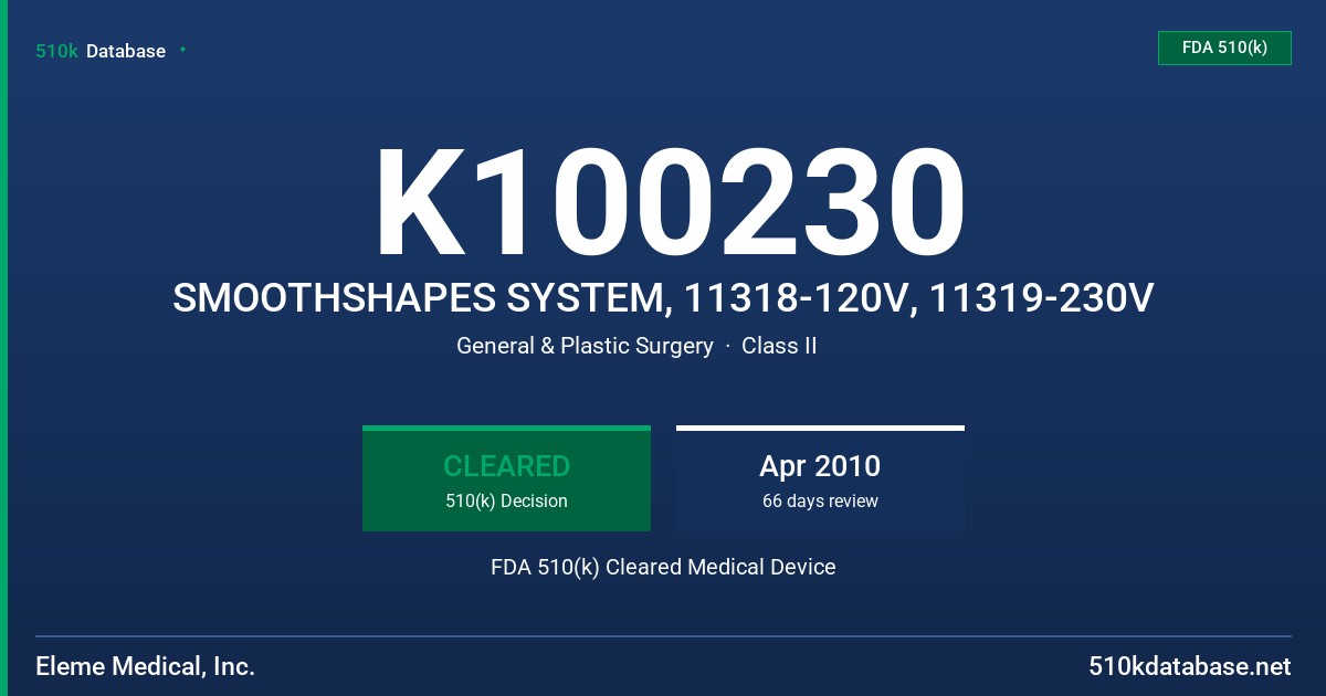 K100230 SMOOTHSHAPES SYSTEM, 11318-120V, 11319-230V FDA 510(k) Cleared Medical Device