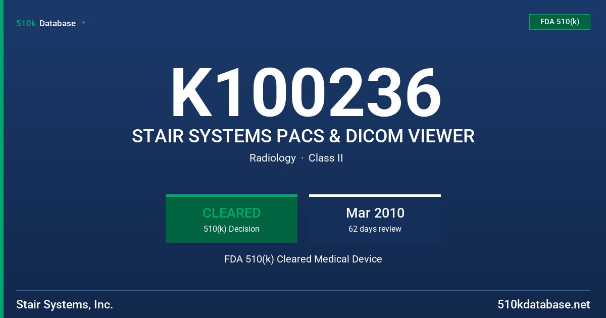 K100236 STAIR SYSTEMS PACS & DICOM VIEWER FDA 510(k) Cleared Medical Device