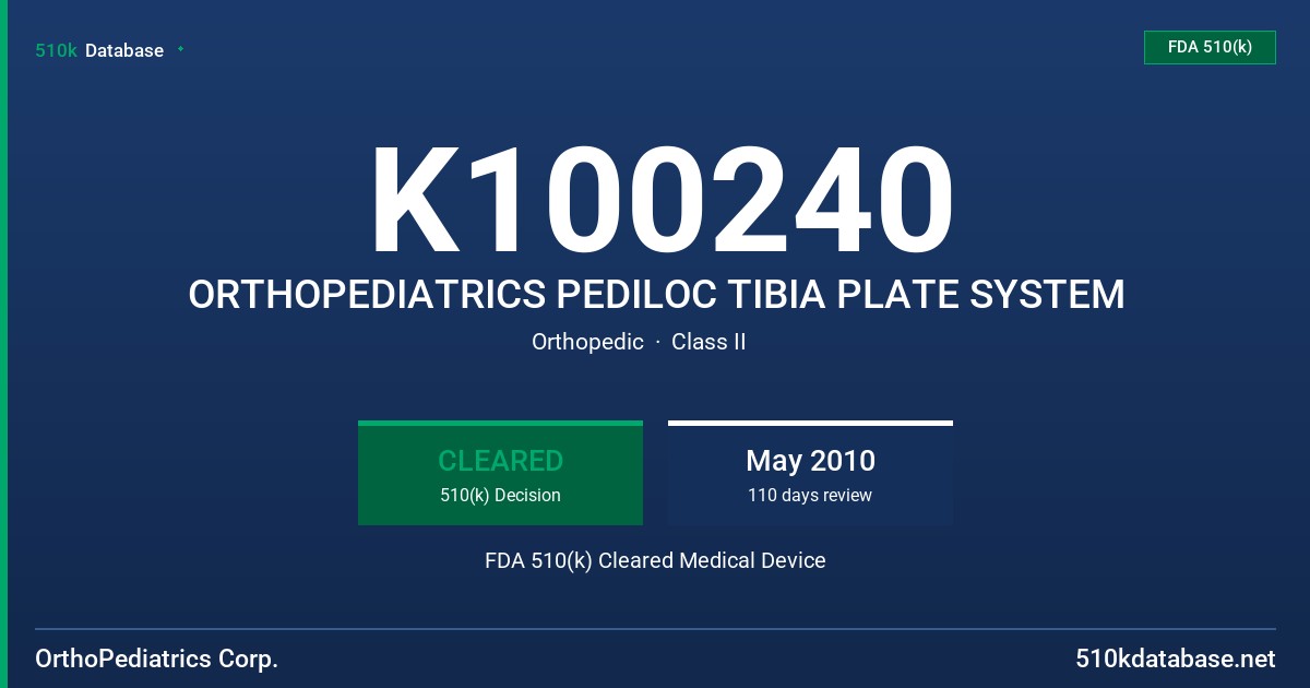 K100240 ORTHOPEDIATRICS PEDILOC TIBIA PLATE SYSTEM FDA 510(k) Cleared Medical Device