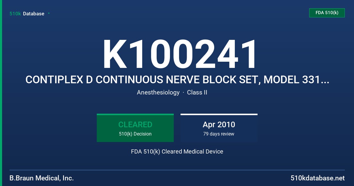 K100241 CONTIPLEX D CONTINUOUS NERVE BLOCK SET, MODEL 331687, 331686, 331685, 331680 FDA 510(k) Cleared Medical Device