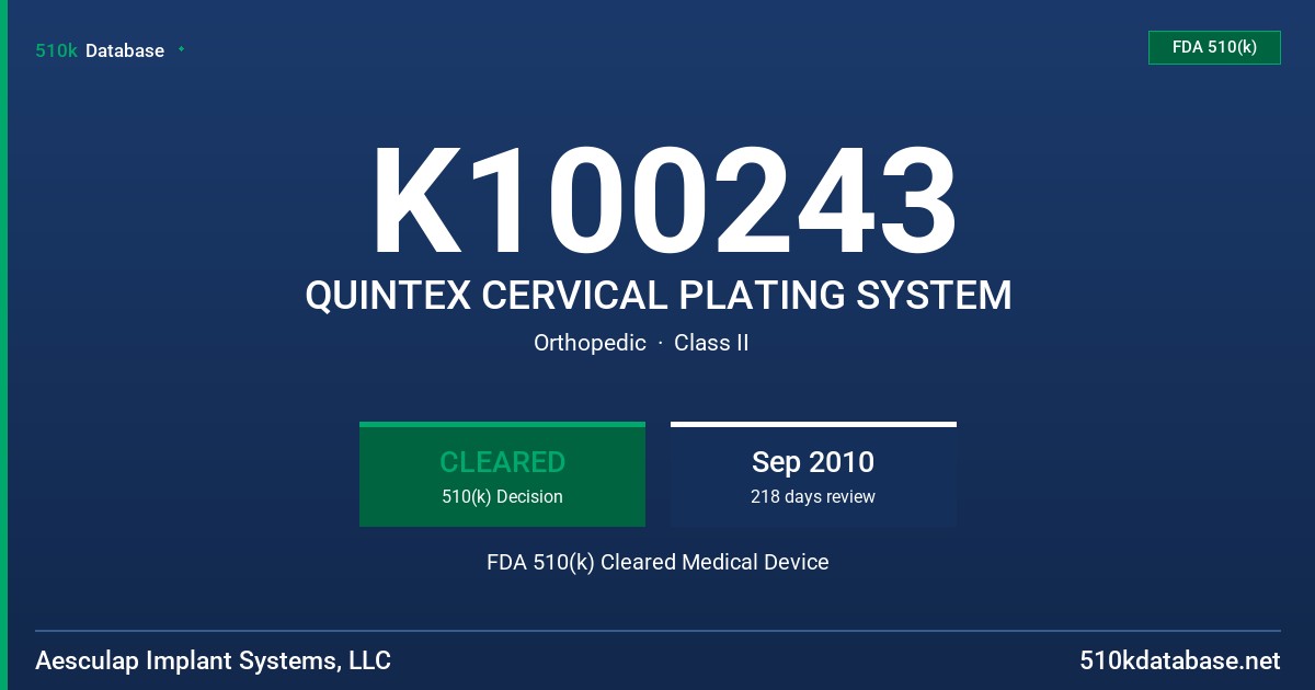 K100243 QUINTEX CERVICAL PLATING SYSTEM FDA 510(k) Cleared Medical Device