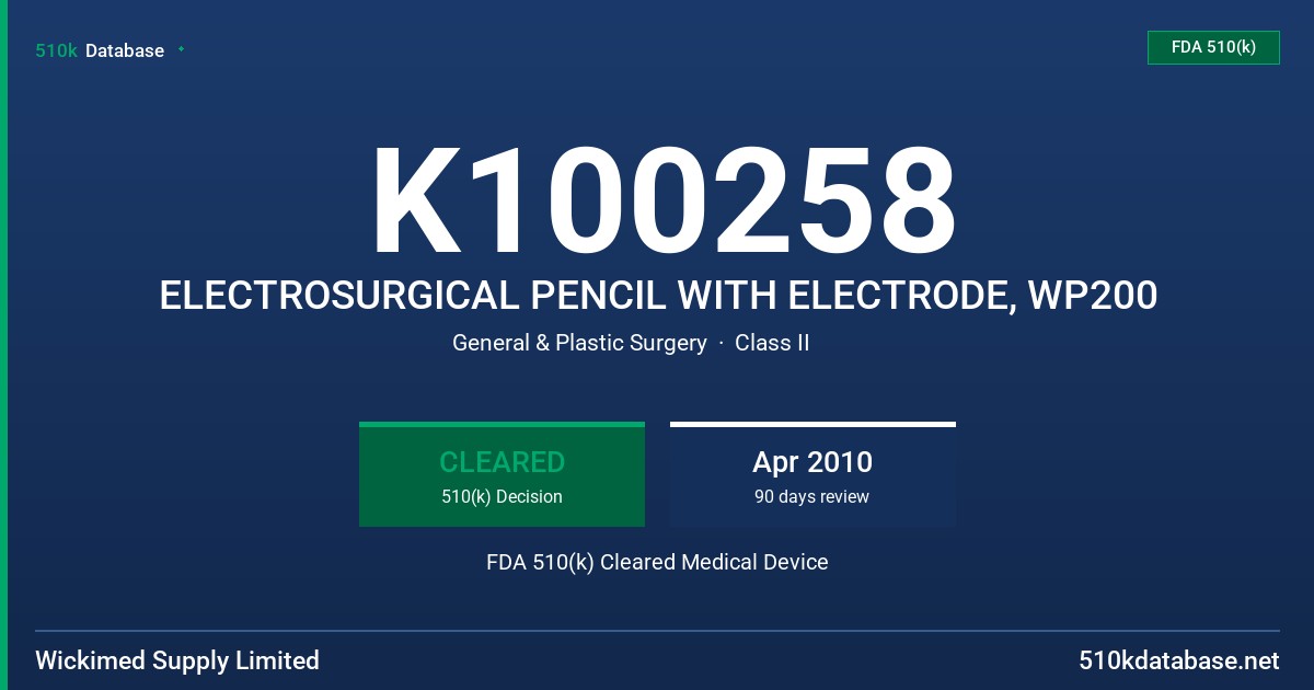 K100258 ELECTROSURGICAL PENCIL WITH ELECTRODE, WP200 FDA 510(k) Cleared Medical Device