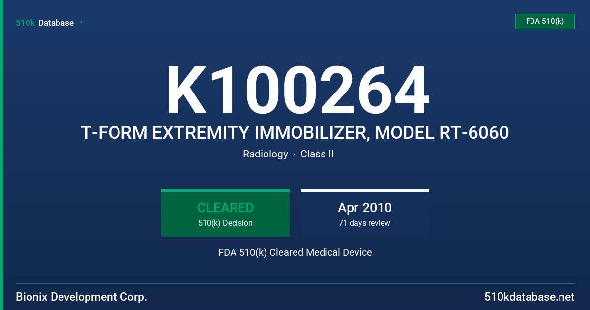 K100264 T-FORM EXTREMITY IMMOBILIZER, MODEL RT-6060 FDA 510(k) Cleared Medical Device