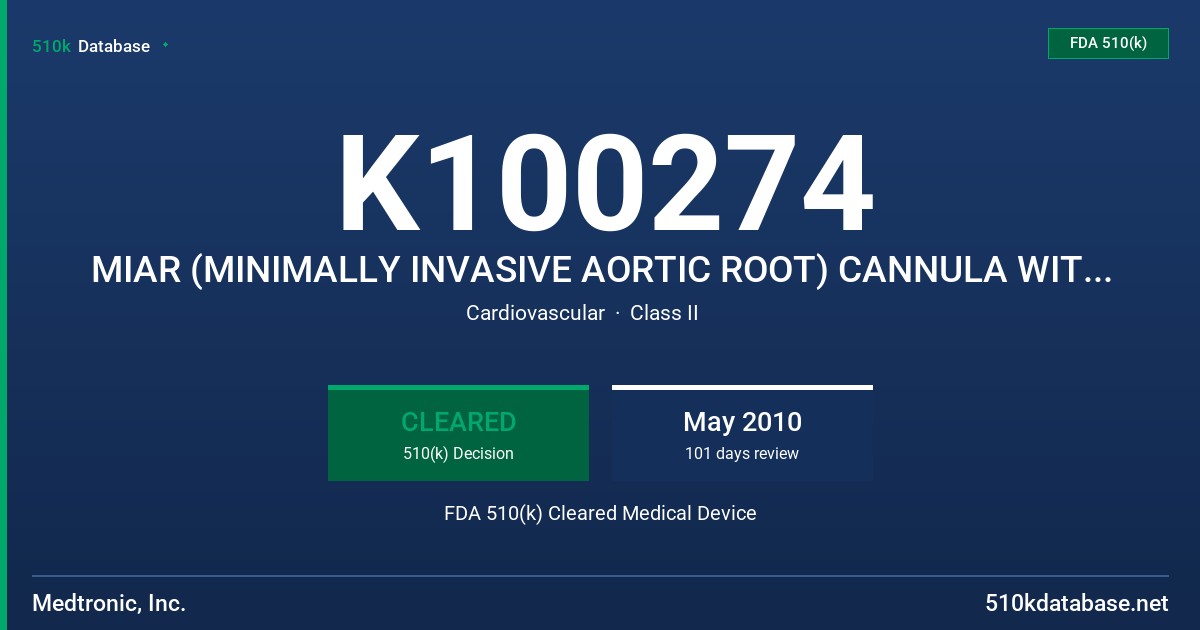 K100274 MIAR (MINIMALLY INVASIVE AORTIC ROOT) CANNULA WITH FLOW-GUARD, MODELS 11012L AND 11014L FDA 510(k) Cleared Medical Device
