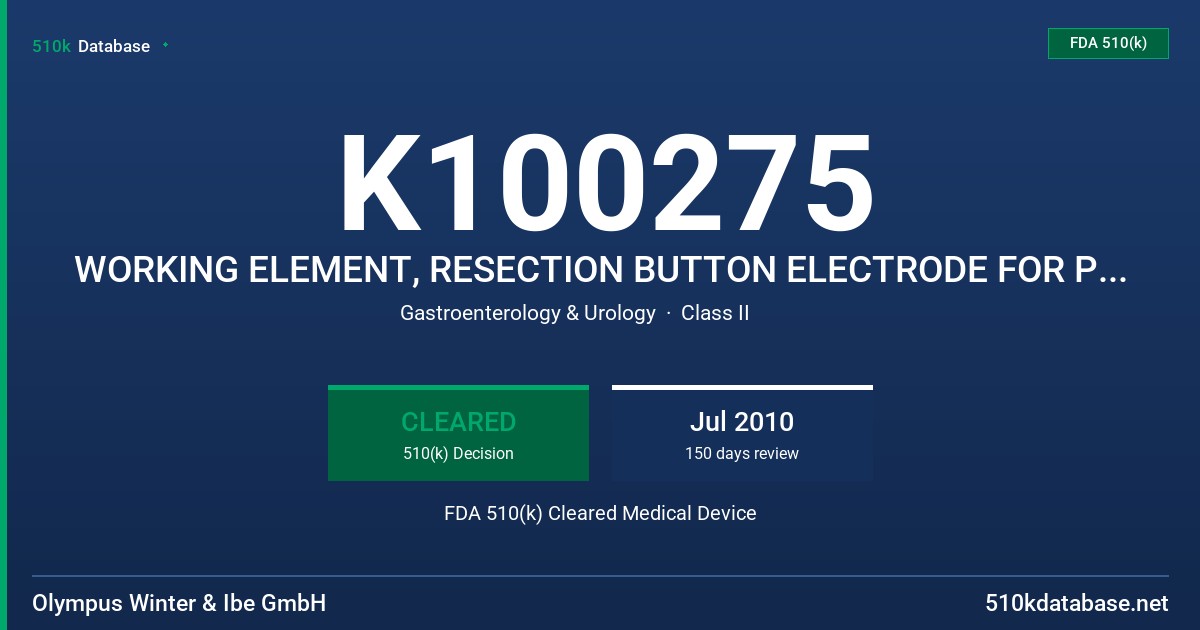 K100275 WORKING ELEMENT, RESECTION BUTTON ELECTRODE FOR PLASMA VAPORIZATON, HF-RESECTION ELECTRODE LOOPS AND BANDS FDA 510(k) Cleared Medical Device