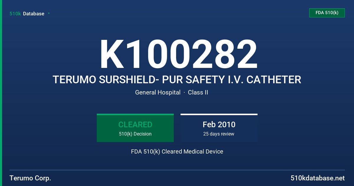 K100282 TERUMO SURSHIELD- PUR SAFETY I.V. CATHETER FDA 510(k) Cleared Medical Device
