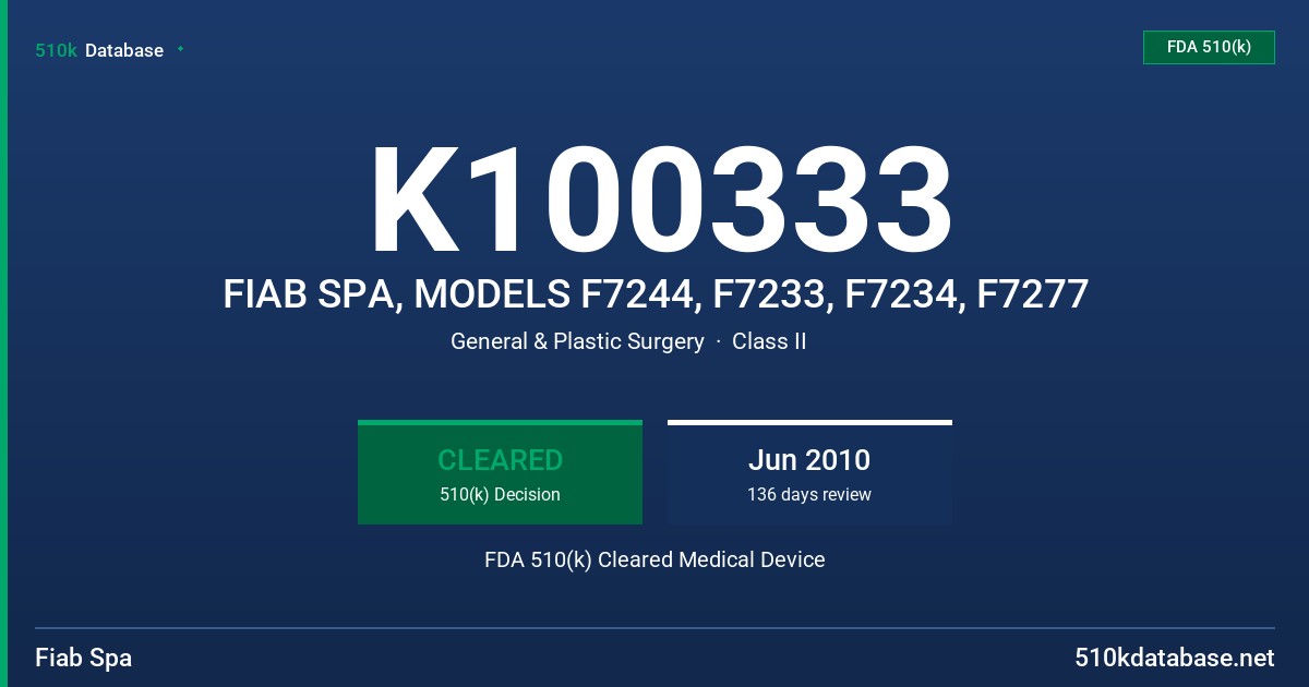 K100333 FIAB SPA, MODELS F7244, F7233, F7234, F7277 FDA 510(k) Cleared Medical Device