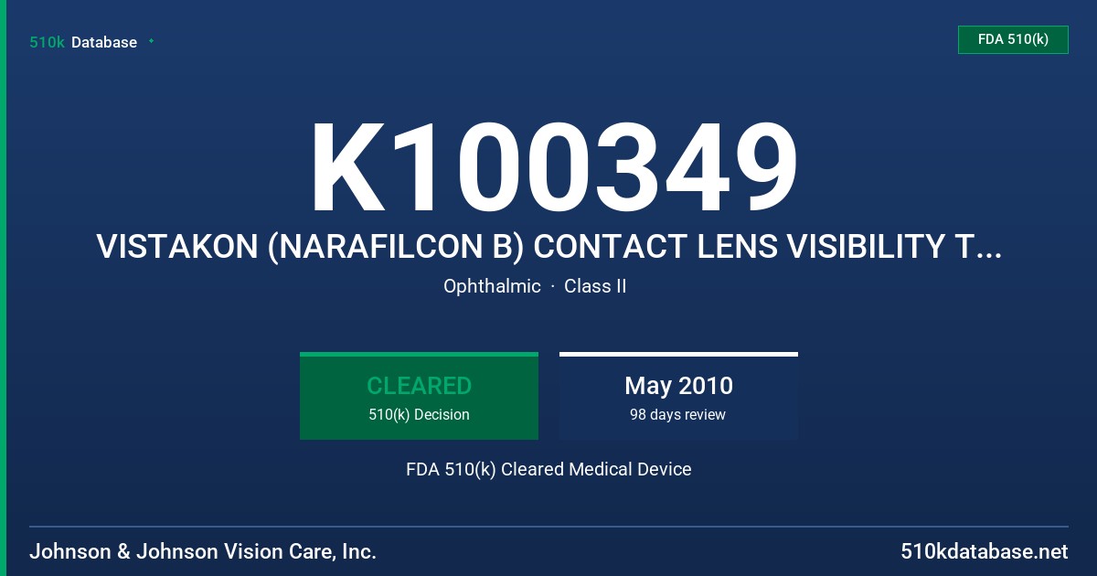K100349 VISTAKON (NARAFILCON B) CONTACT LENS VISIBILITY TINTED WITH UV BLOCKER FDA 510(k) Cleared Medical Device