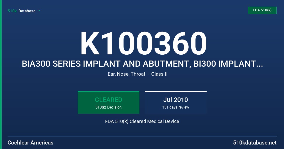 K100360 BIA300 SERIES IMPLANT AND ABUTMENT, BI300 IMPLANT, BA300 ABUTMENT FDA 510(k) Cleared Medical Device