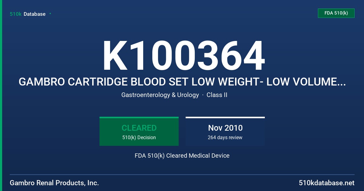 K100364 GAMBRO CARTRIDGE BLOOD SET LOW WEIGHT- LOW VOLUME, MODEL 003422-520 FDA 510(k) Cleared Medical Device