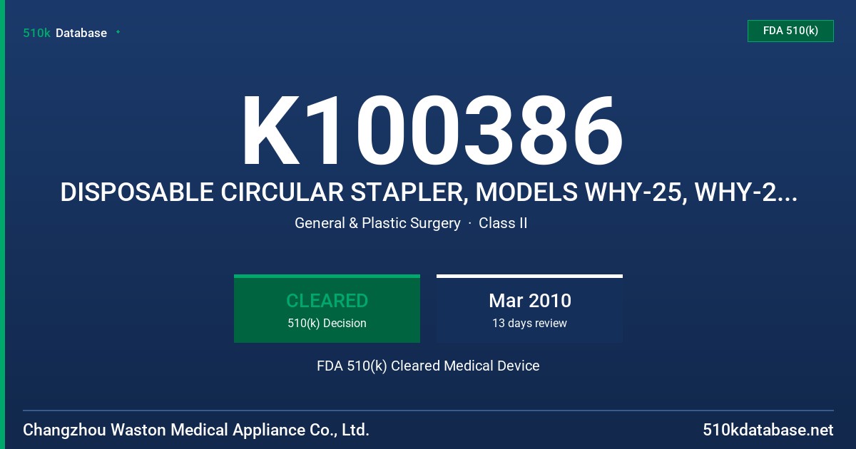 K100386 DISPOSABLE CIRCULAR STAPLER, MODELS WHY-25, WHY-29. WHY 32 FDA 510(k) Cleared Medical Device