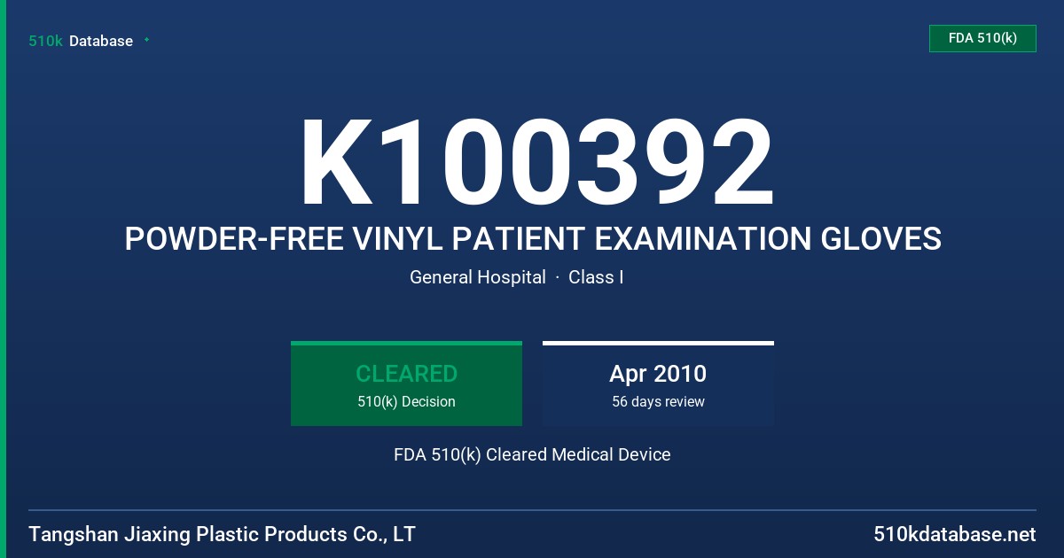 K100392 POWDER-FREE VINYL PATIENT EXAMINATION GLOVES FDA 510(k) Cleared Medical Device