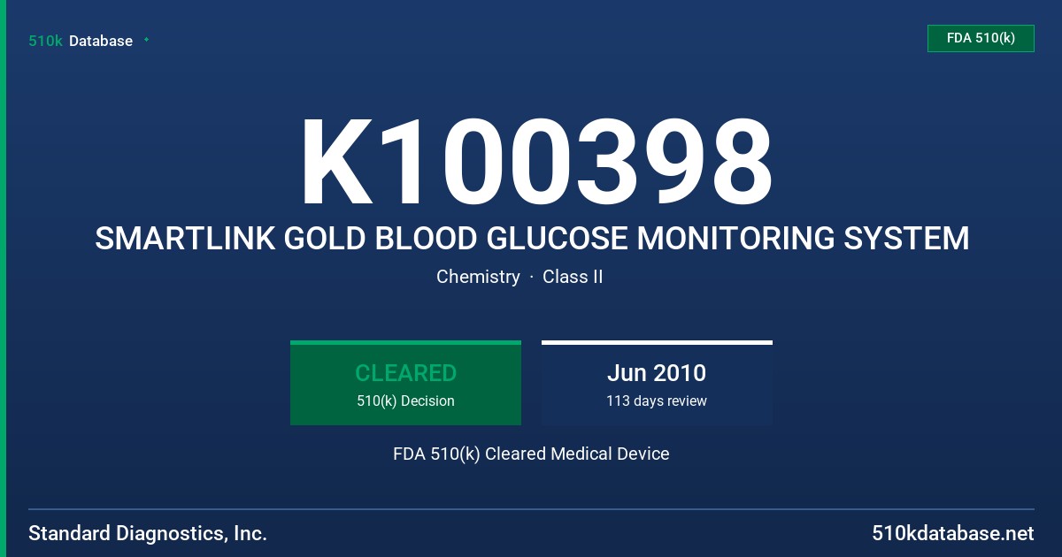 K100398 SMARTLINK GOLD BLOOD GLUCOSE MONITORING SYSTEM FDA 510(k) Cleared Medical Device