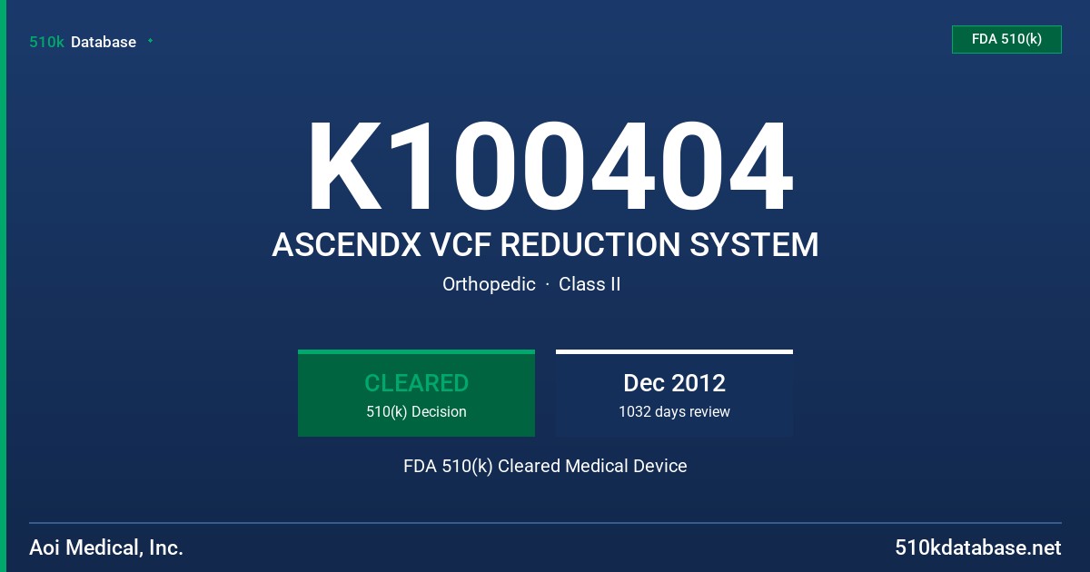 K100404 ASCENDX VCF REDUCTION SYSTEM FDA 510(k) Cleared Medical Device