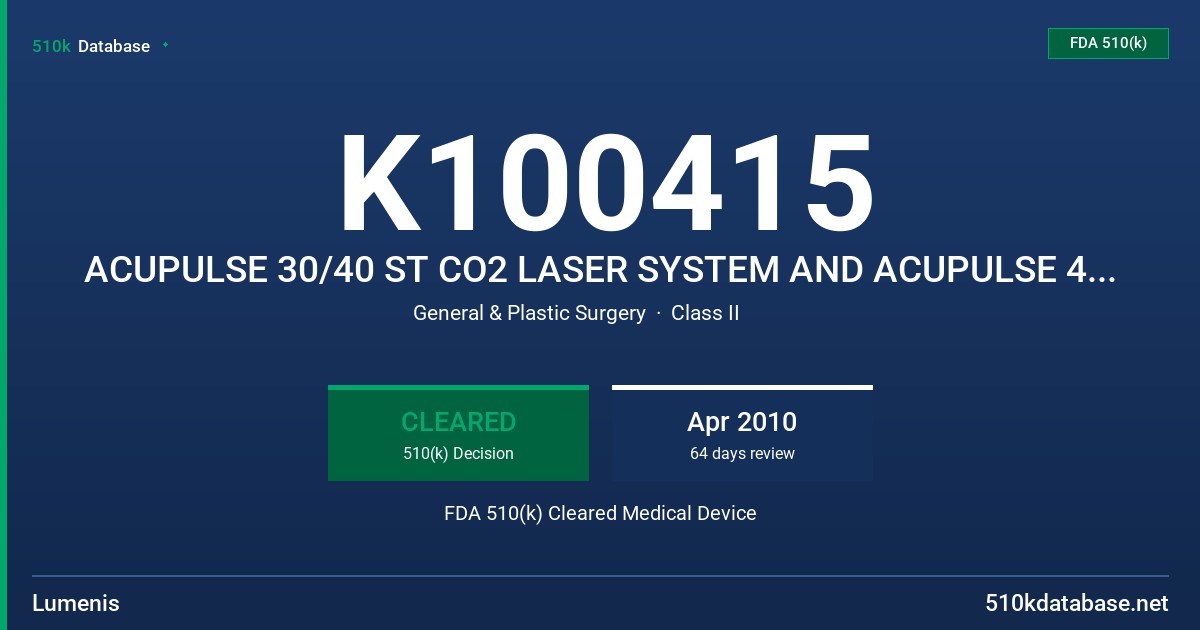 K100415 ACUPULSE 30/40 ST CO2 LASER SYSTEM AND ACUPULSE 40WG CO2 LASER SYSTEM FDA 510(k) Cleared Medical Device