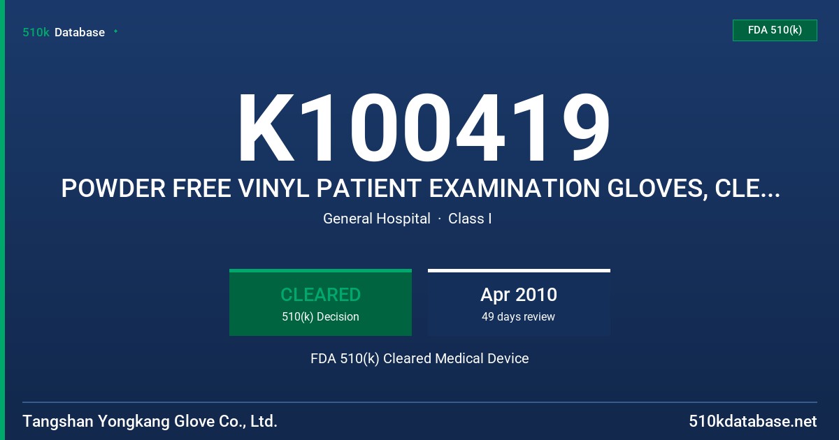 K100419 POWDER FREE VINYL PATIENT EXAMINATION GLOVES, CLEAR (NON-COLORED) FDA 510(k) Cleared Medical Device