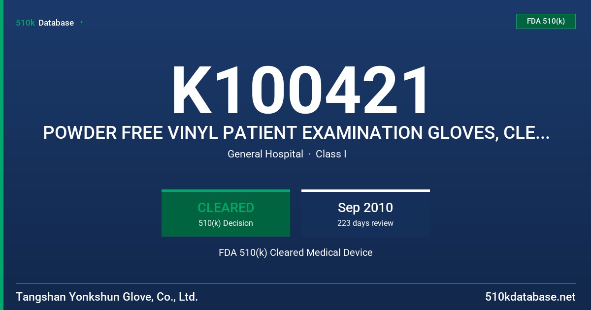 K100421 POWDER FREE VINYL PATIENT EXAMINATION GLOVES, CLEAR (NON-COLORED) FDA 510(k) Cleared Medical Device