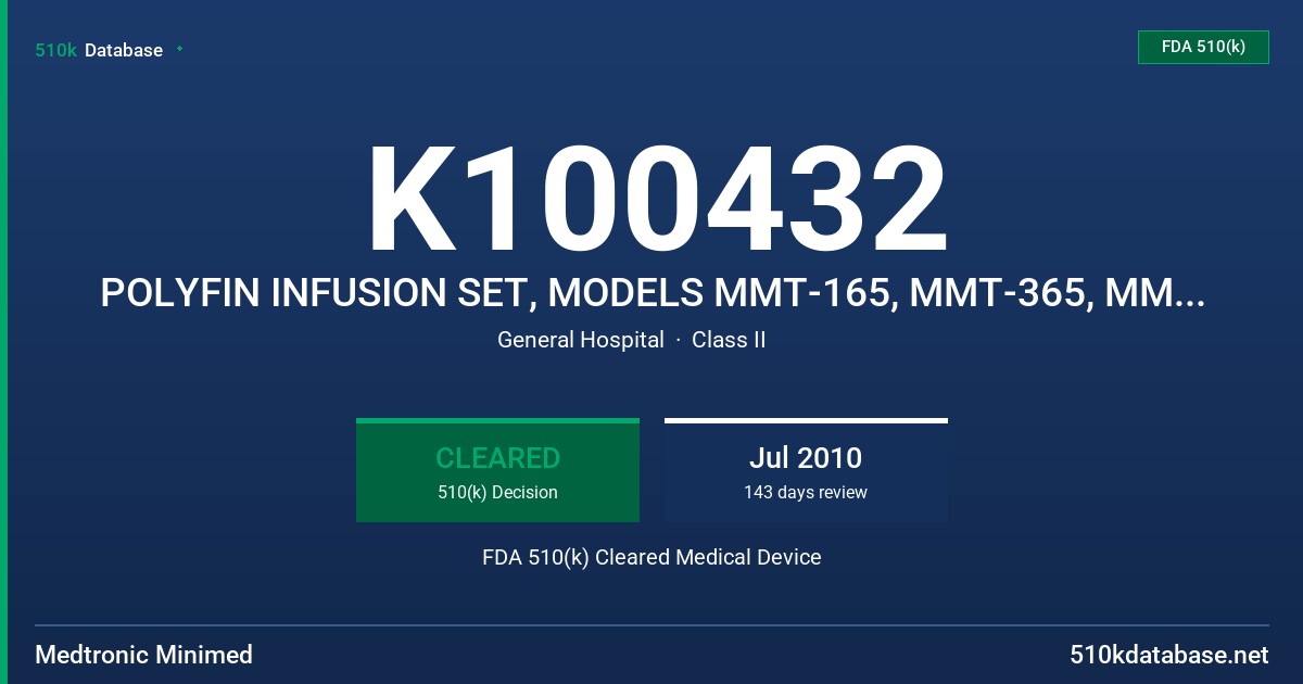 K100432 POLYFIN INFUSION SET, MODELS MMT-165, MMT-365, MMT-366, MMT-312S AND MMT-312L AND SOF-SET INFUSION SETS FDA 510(k) Cleared Medical Device