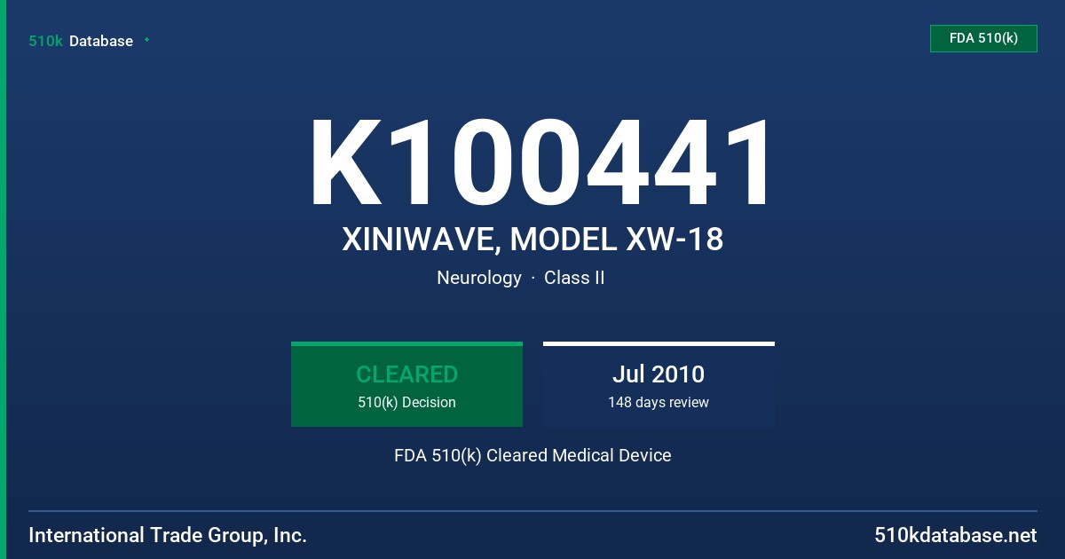K100441 XINIWAVE, MODEL XW-18 FDA 510(k) Cleared Medical Device