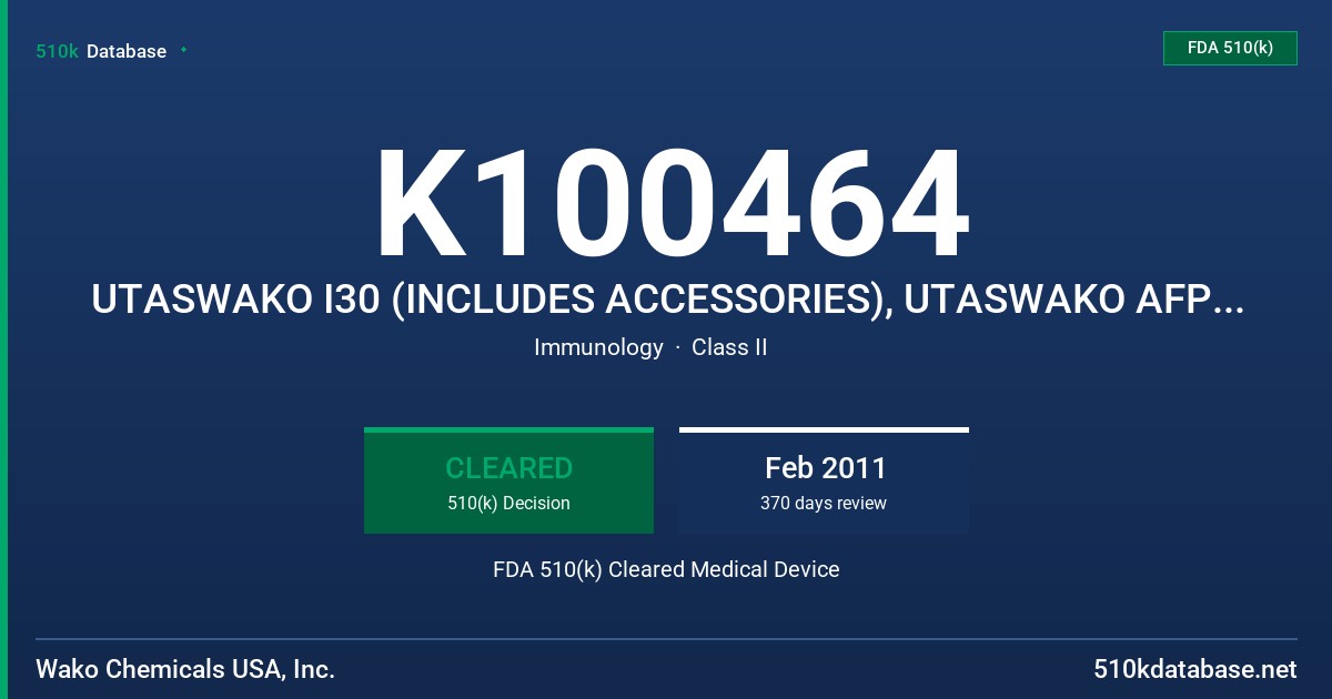 K100464 UTASWAKO I30 (INCLUDES ACCESSORIES), UTASWAKO AFP-L3, CALIBRATOR SET, CONTROL L, CONTROL H, SAMPLE DILUTION FDA 510(k) Cleared Medical Device