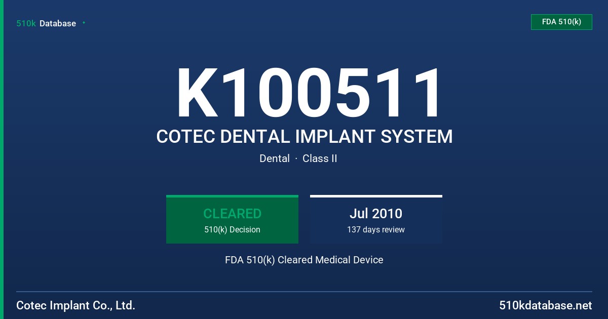 K100511 COTEC DENTAL IMPLANT SYSTEM FDA 510(k) Cleared Medical Device