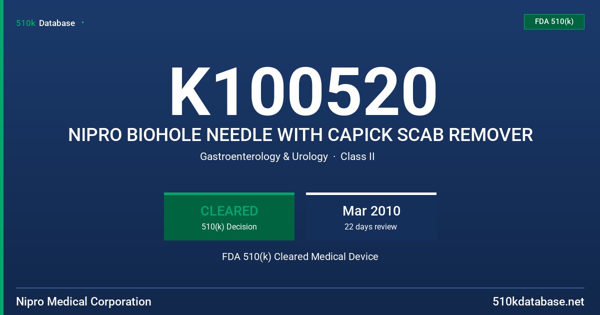 K100520 NIPRO BIOHOLE NEEDLE WITH CAPICK SCAB REMOVER FDA 510(k) Cleared Medical Device